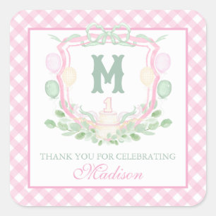 Waterverf Roze 1e Verjaardag Monogram Wapenschild  Vierkante Sticker