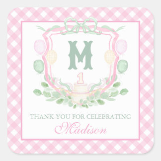 Waterverf Roze 1e Verjaardag Monogram Wapenschild Vierkante Sticker