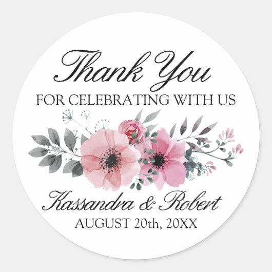 Waterverf roze anemone bloemen dank u bruiloft ronde sticker (Voorkant)