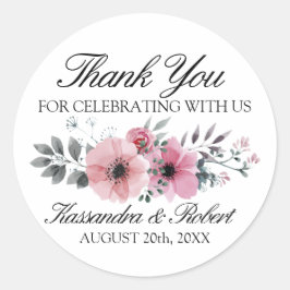 Waterverf roze anemone bloemen dank u bruiloft ronde sticker