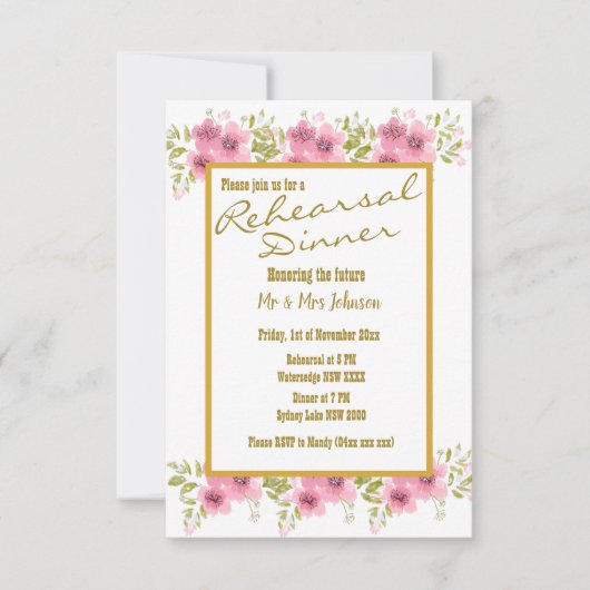 Waterverf Roze Anemone Floral Rehearsal Dinner Kaart (Voorkant)