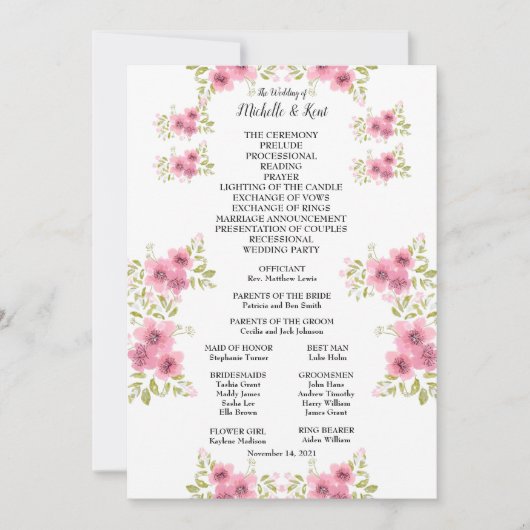 Waterverf Roze Anemone Weddenprogramma & Menu (Voorkant)