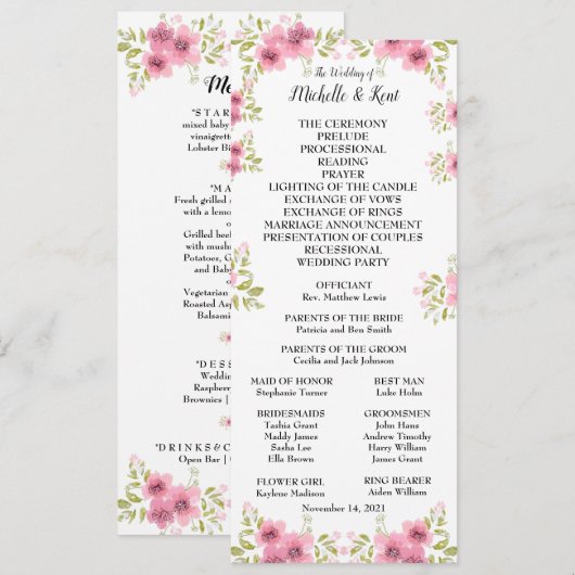 Waterverf Roze Anemone Weddenprogramma & Menu Kaart (Voorkant / Achterkant)