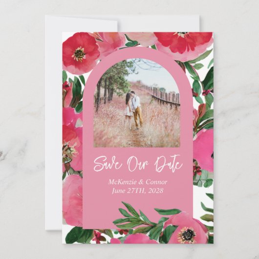 Waterverf Roze Anemone Weddenschap Foto Arch Save The Date (Voorkant)