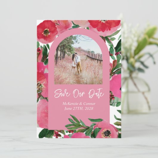 Waterverf Roze Anemone Weddenschap Foto Arch Save The Date (Staand voorkant)