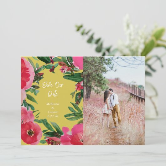 Waterverf Roze Anemone Yellow Weddenfoto Save The Date (Staand voorkant)