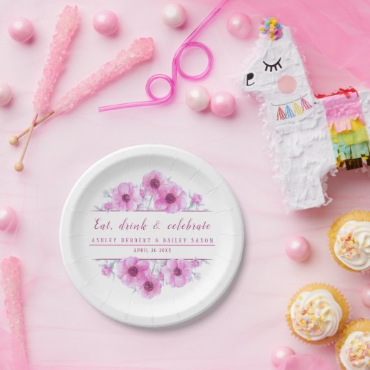 Waterverf roze anemonpapier bord (Feest)