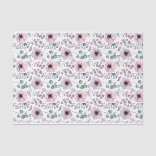Waterverf Roze Anemoon en Eucalyptuspatroon Tissuepapier (Voorkant)
