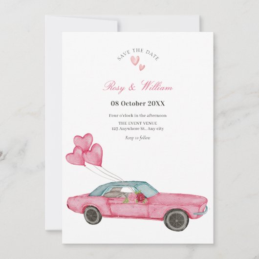 Waterverf roze auto bruiloft save the date (Voorkant)