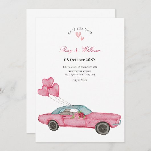 Waterverf roze auto bruiloft save the date (Voorkant / Achterkant)