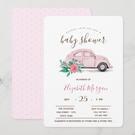 Waterverf roze autowrakken Baby shower Kaart (Voorkant / Achterkant)