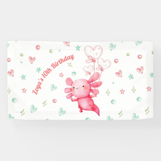 Waterverf Roze Axolotl Fun Kids Verjaardagsfeestje Spandoek (Horizontaal)