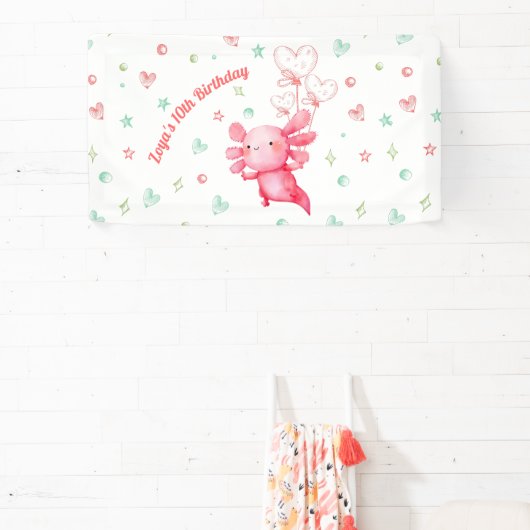 Waterverf Roze Axolotl Fun Kids Verjaardagsfeestje Spandoek (Insitu)