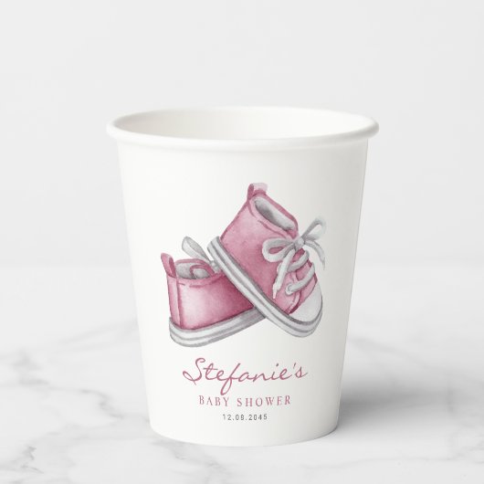 Waterverf Roze Baby Booties Baby shower Papieren Bekers (Achterkant)