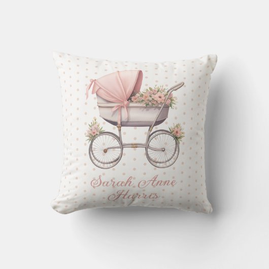 Waterverf Roze Baby Carriage Gepersonaliseerd Kussen (Voorkant)