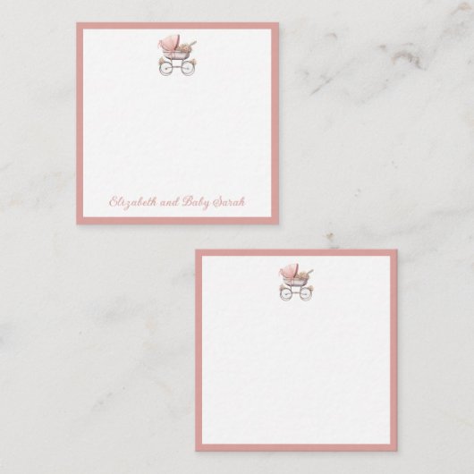 Waterverf Roze Baby Carriage Gepersonaliseerd Notitiekaartje (Voorkant / Achterkant)
