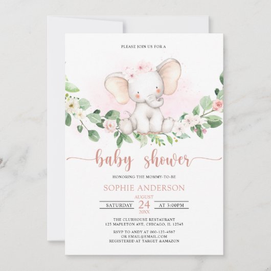 Waterverf Roze Baby Elephant Baby shower Kaart (Voorkant)