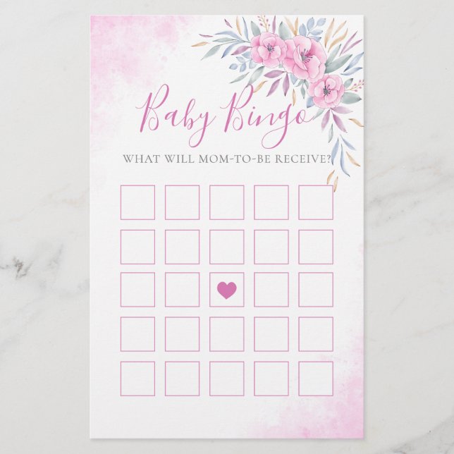 Waterverf Roze baby shower game Bingo Flowers  (Voorkant)