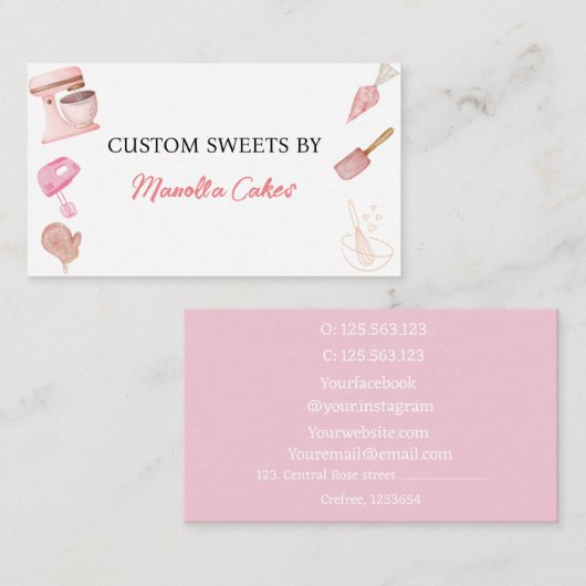 Waterverf roze bakken kookgerei bakkerij min visitekaartje (Voorkant / Achterkant)