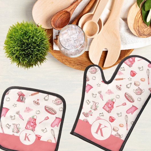 Waterverf Roze Bakken Monogram Keuken Ovenwant & Pannenlap Set