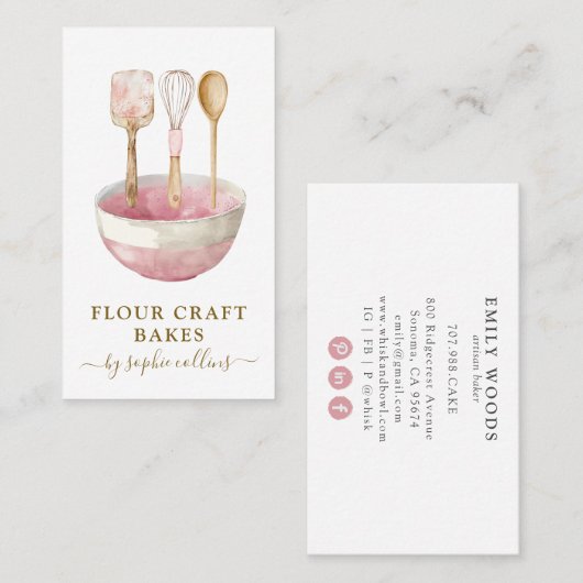 Waterverf Roze Bakker Bakkerij Pastry Chef Utensil Visitekaartje (Voorkant / Achterkant)
