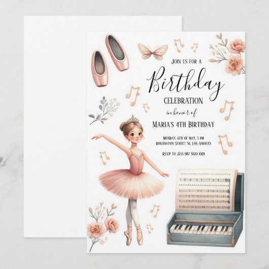 Waterverf Roze Ballerina Kids Verjaardagsuitnodigi Kaart (Voorkant / Achterkant)