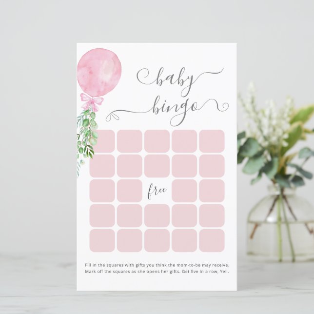 Waterverf Roze Ballon Baby shower Bingo Spel (Staand voorkant)