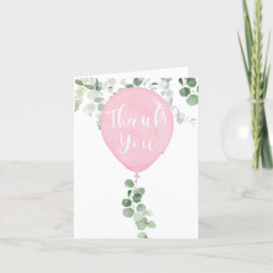 Waterverf roze ballon eucalyptus groen bedankkaart