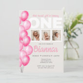 Waterverf roze ballon foto eerste verjaardag kaart (Staand voorkant)