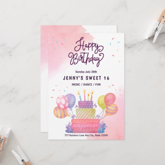 Waterverf roze ballonnen op 16 oktober kaart (Voorkant / Achterkant in situ)