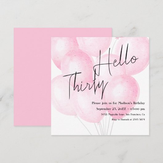 Waterverf Roze Ballonnen Verjaardagsuitnodiging Kaart (Voorkant / Achterkant)