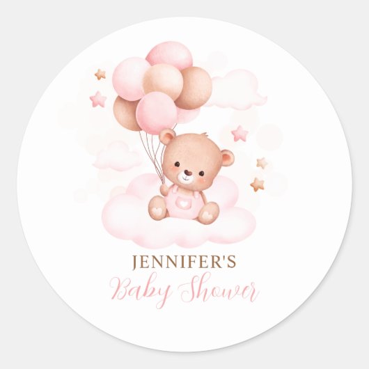 Waterverf Roze Balloon Teddy Bear Baby shower Ronde Sticker (Voorkant)