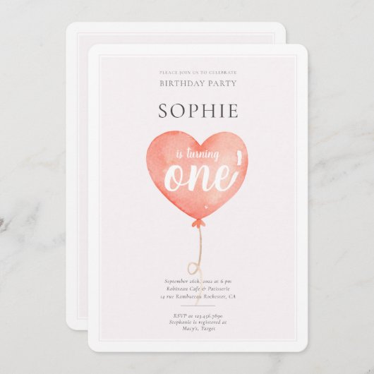 Waterverf Roze Baloon Verjaardagsfeestuitnodiging Kaart (Voorkant / Achterkant)
