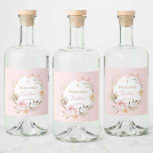 waterverf roze beige bloemen Doop Likeurfles Etiket