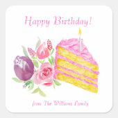 Waterverf Roze Bevroren Birthday Cake Vierkante Sticker (Voorkant)