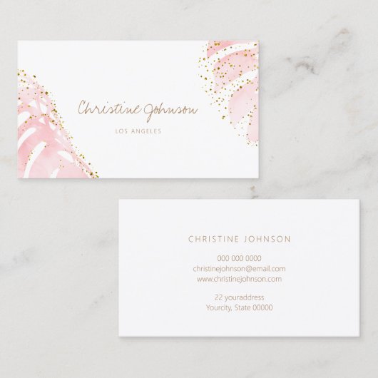 waterverf roze bladeren glitter visitekaartje (Voorkant / Achterkant)