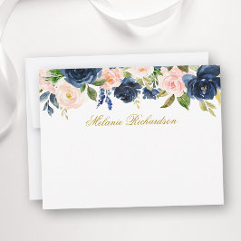 Waterverf Roze Blauw Bloemen Gepersonaliseerd Goud Notitiekaartje