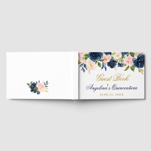 Waterverf Roze Blauw Bloemen Quinceanera Gastenboek (Volledig)