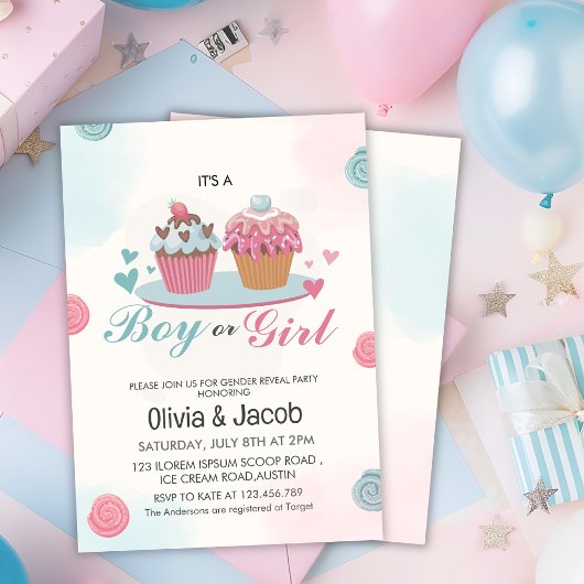 Waterverf roze blauw cupcake gender reveal party kaart