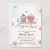 Waterverf roze blauw cupcake gender reveal party kaart (Voorkant)