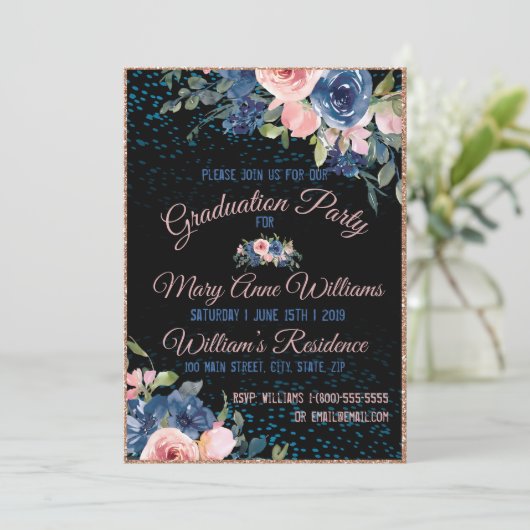 Waterverf Roze Blauw Elegant Floral Afstuderen Kaart (Staand voorkant)