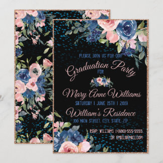 Waterverf Roze Blauw Elegant Floral Afstuderen Kaart
