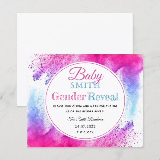 Waterverf Roze Blauw Genderonderzoek Uitnodiging (Voorkant / Achterkant)