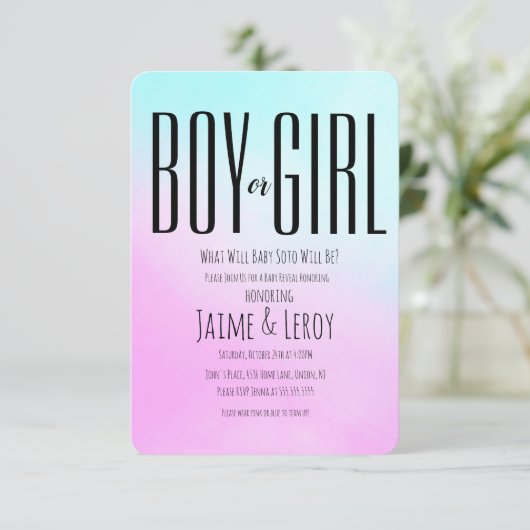 Waterverf Roze Blauw Geslacht Hij of zij Kaart (Staand voorkant)