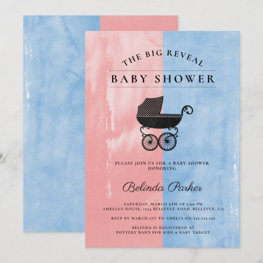 Waterverf Roze + Blauw geslacht onthullen Baby sho Kaart (Voorkant / Achterkant)