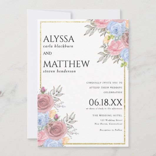 Waterverf roze blauw goud land bloemenbruiloft kaart (Voorkant)