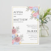 Waterverf roze blauw goud land bloemenbruiloft kaart (Staand voorkant)