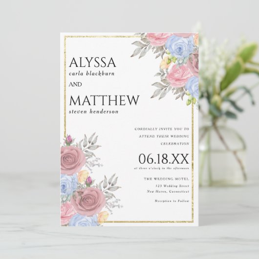 Waterverf roze blauw goud land bloemenbruiloft kaart (Staand voorkant)