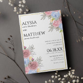 Waterverf roze blauw goud land bloemenbruiloft kaart