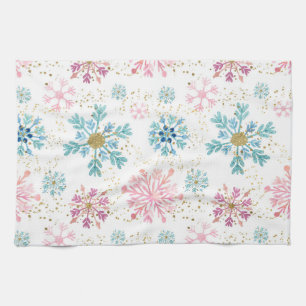 Waterverf Roze, Blauw & Goud Winter Sneeuwvlokken Theedoek